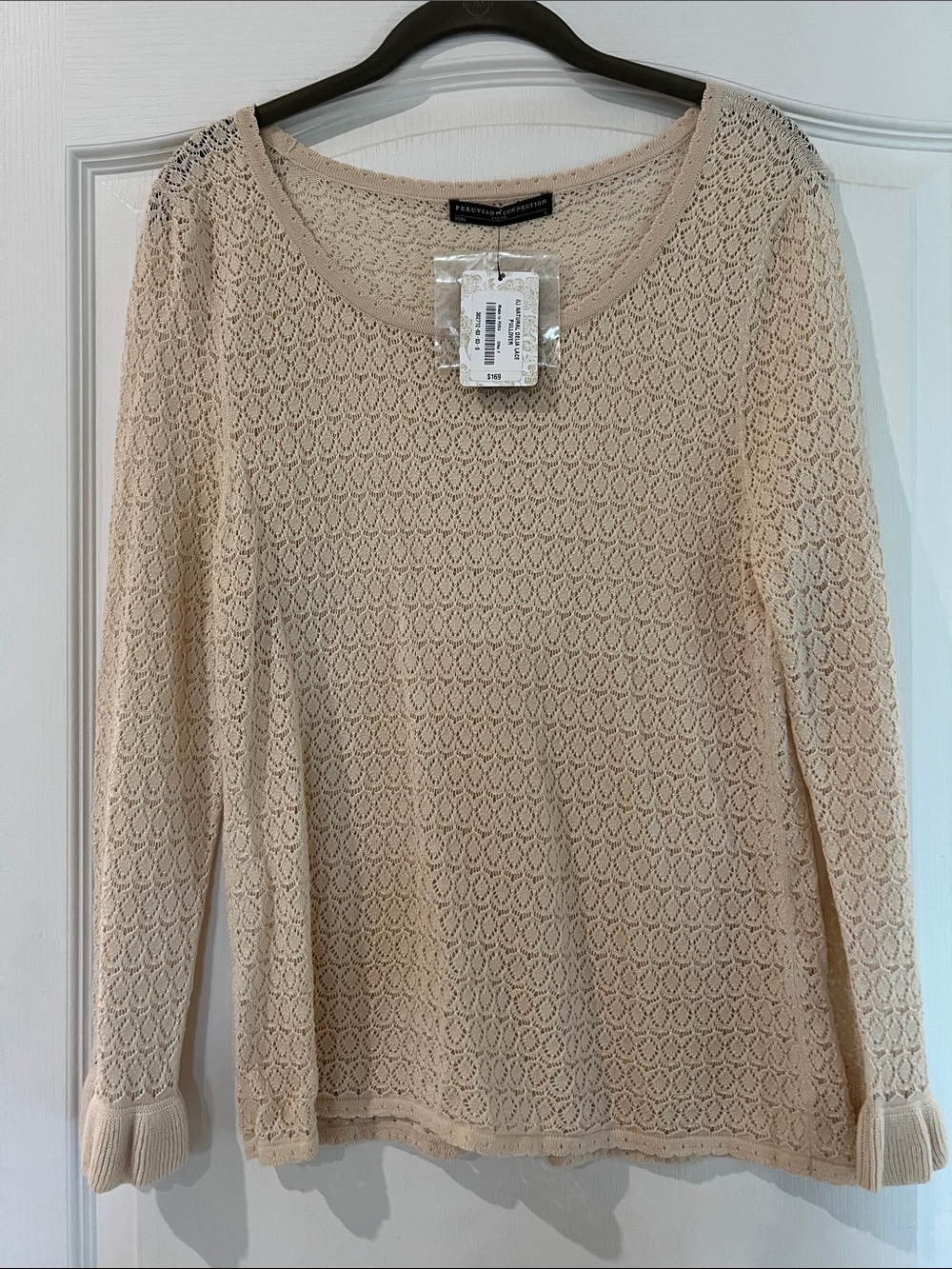Peruvian Connection Beige Lace-Knit Long Sleeve Top